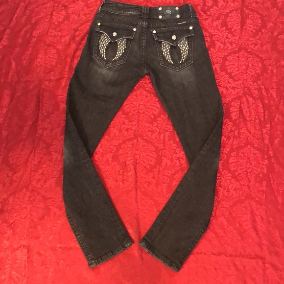 Miss Me Sz 28 angel wing embellished black skinny jeans w/factory distressing 🧿 - Picture 10 of 16